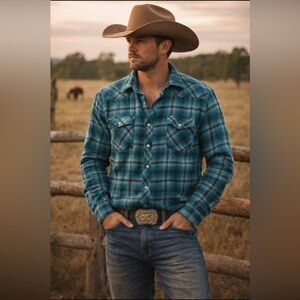 Wrangler Wrancher Men’s L Teal Black Plaid Pearl Snap Western Shirt Long Sleeve